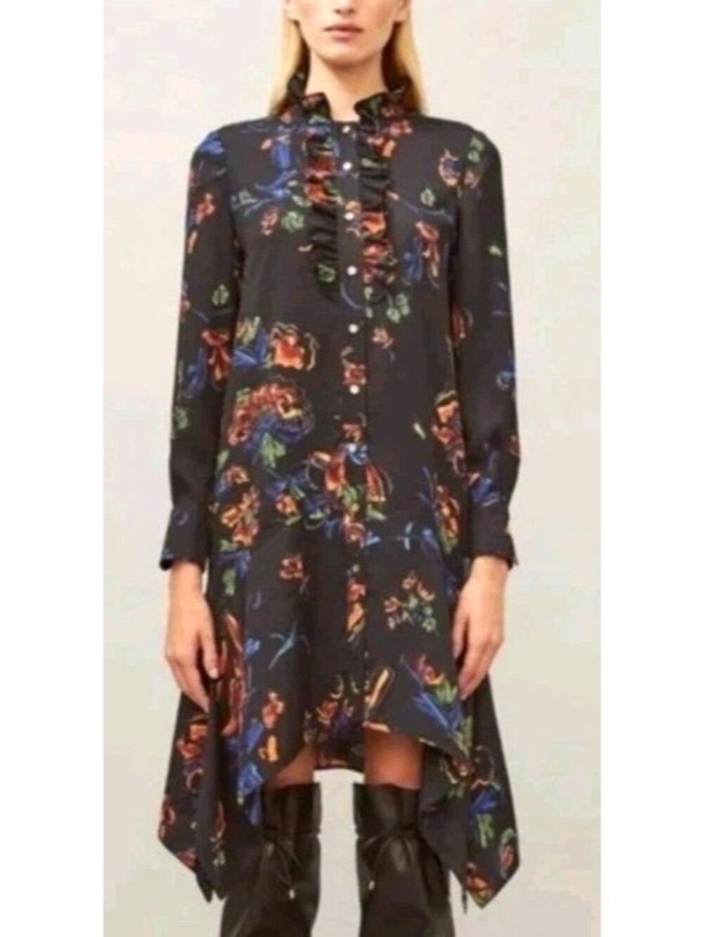 Tory Burch Cora Ruffled Midi Dress S Asymmetrical Hem Floral Dark Academia Fall